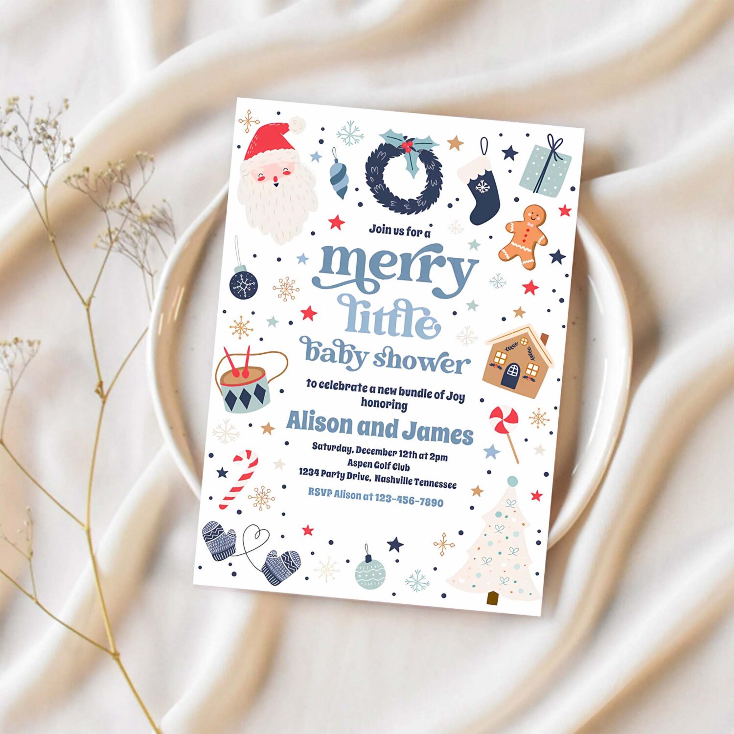 Merry little christmas baby shower red and blue invitation t64m 1