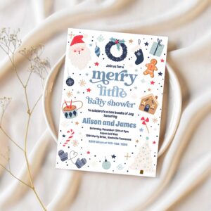 Merry little christmas baby shower red and blue invitation t64m 1
