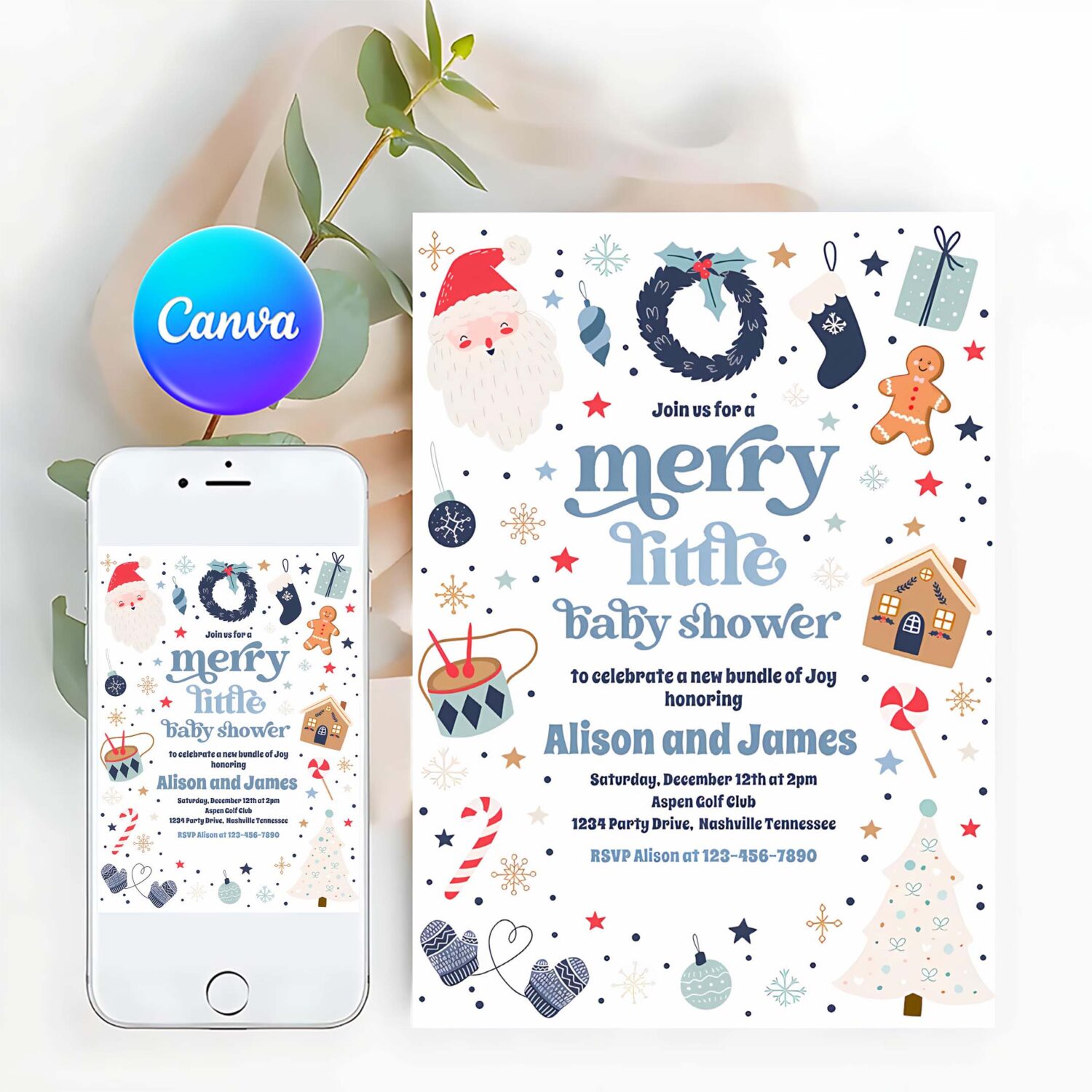 Merry little christmas baby shower red and blue invitation t64m