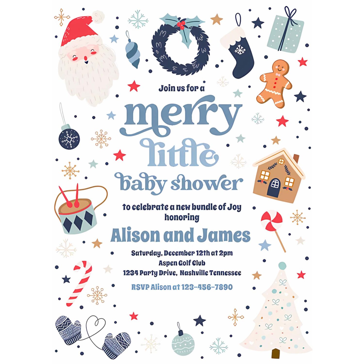 Merry little christmas baby shower red and blue invitation t64m 4