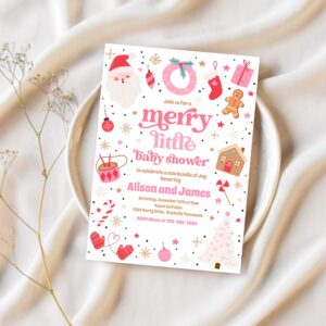 Merry little christmas baby shower red and pink invitation l99i 1