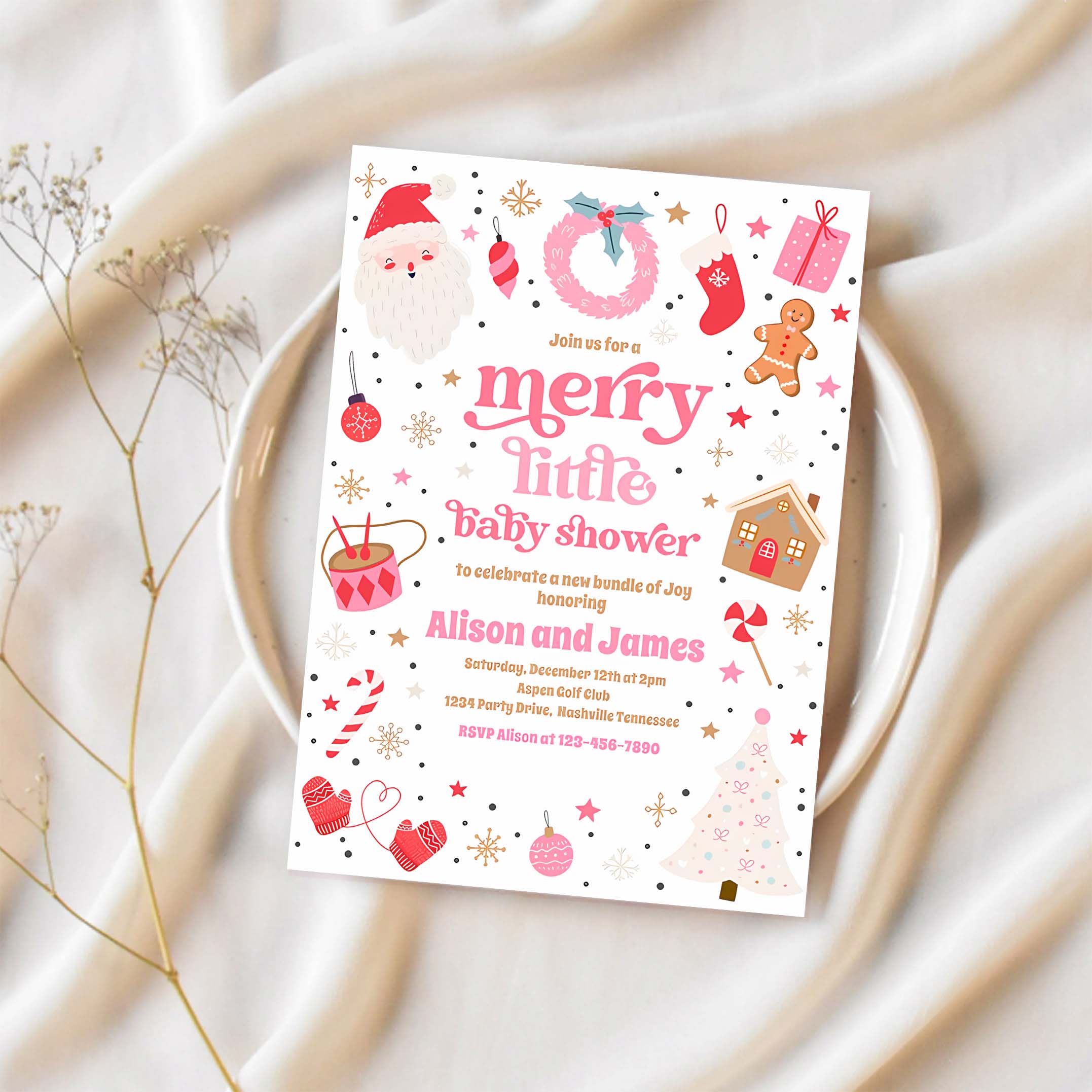 Merry Little Christmas Baby Shower Red And Pink Invitation L99I