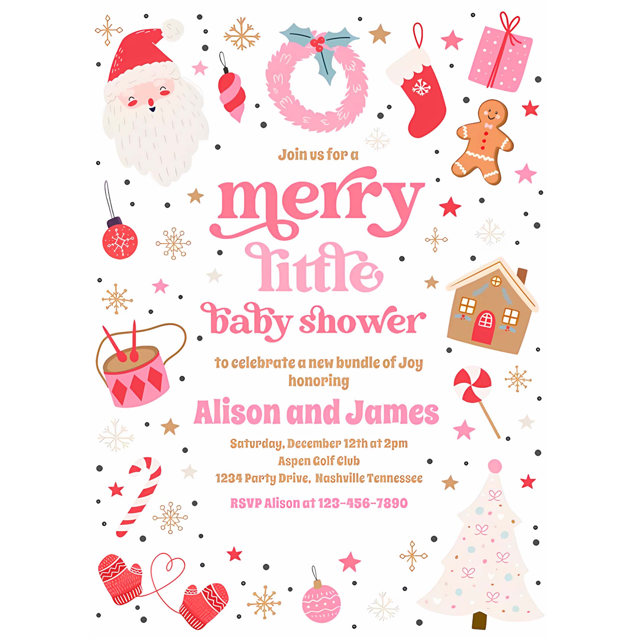 Merry Little Christmas Baby Shower Red And Pink Invitation L99I
