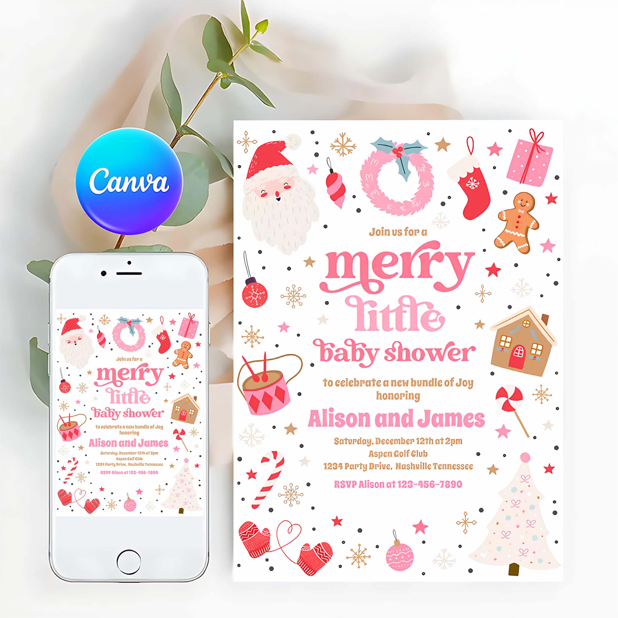 Merry Little Christmas Baby Shower Red And Pink Invitation L99I