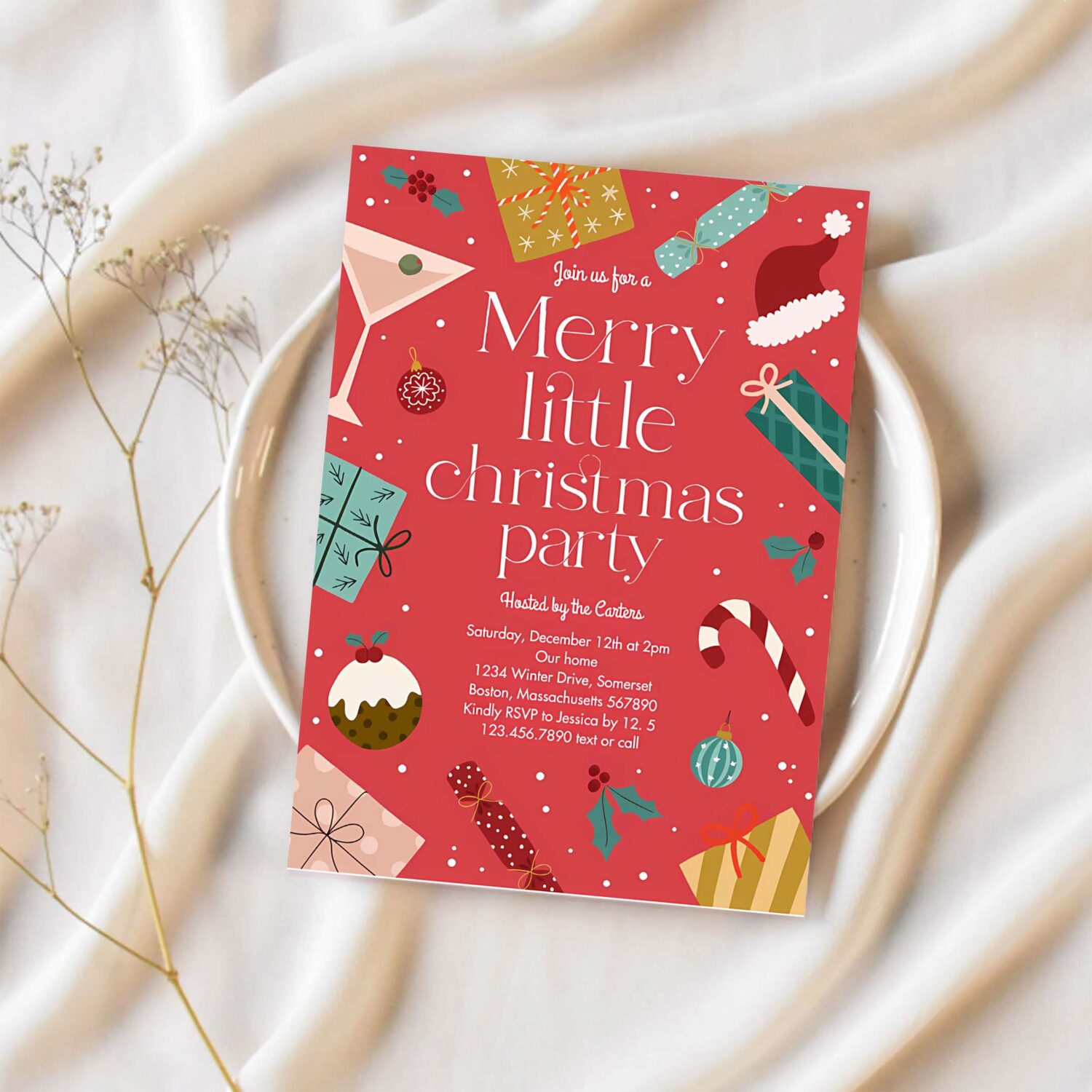 Merry little christmas party holiday party invitation f74u 1