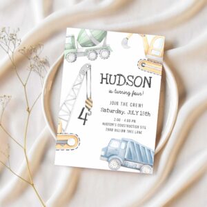 Modern construction birthday party invitation muted blue green yellow excavator dump truck crane 1