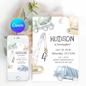 Construction Invitation, Modern Construction Birthday Party Invitation, Muted Blue, Green, Yellow Excavator, Dump Truck, Crane