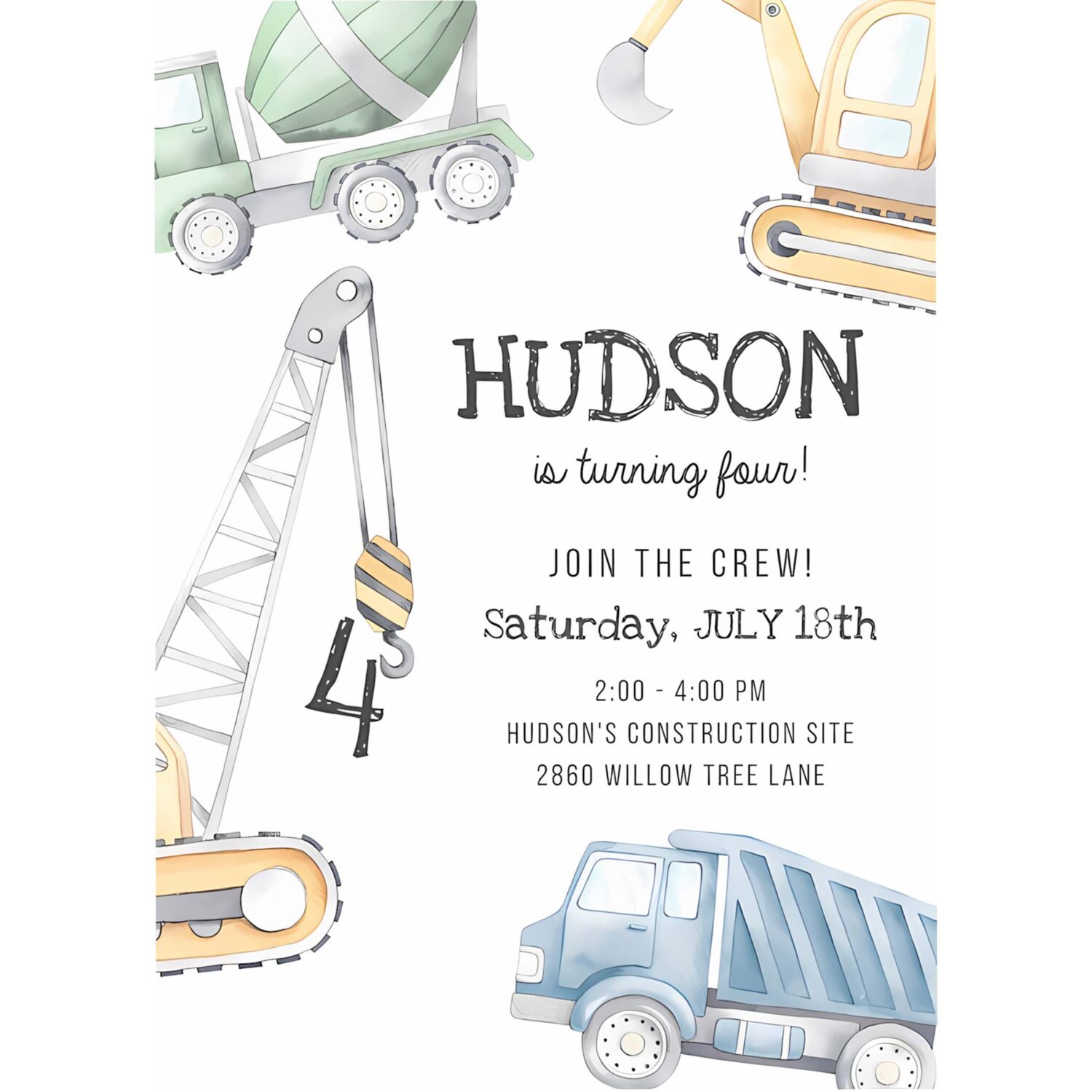 Modern construction birthday party invitation muted blue green yellow excavator dump truck crane 4