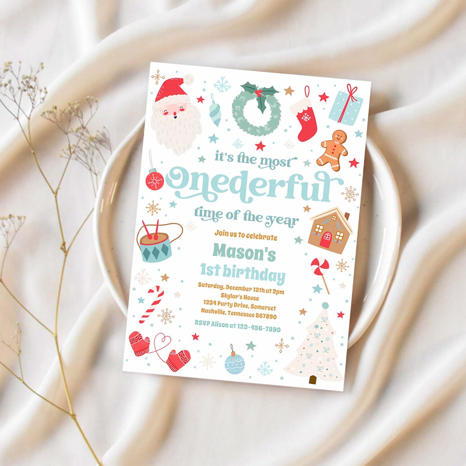 Most onederful time christmas 1st birthday party invitation a53e 1