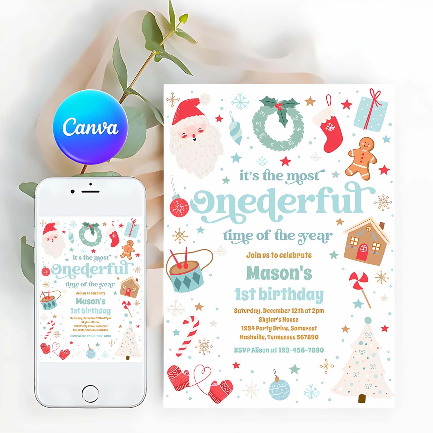 Most onederful time christmas 1st birthday party invitation a53e