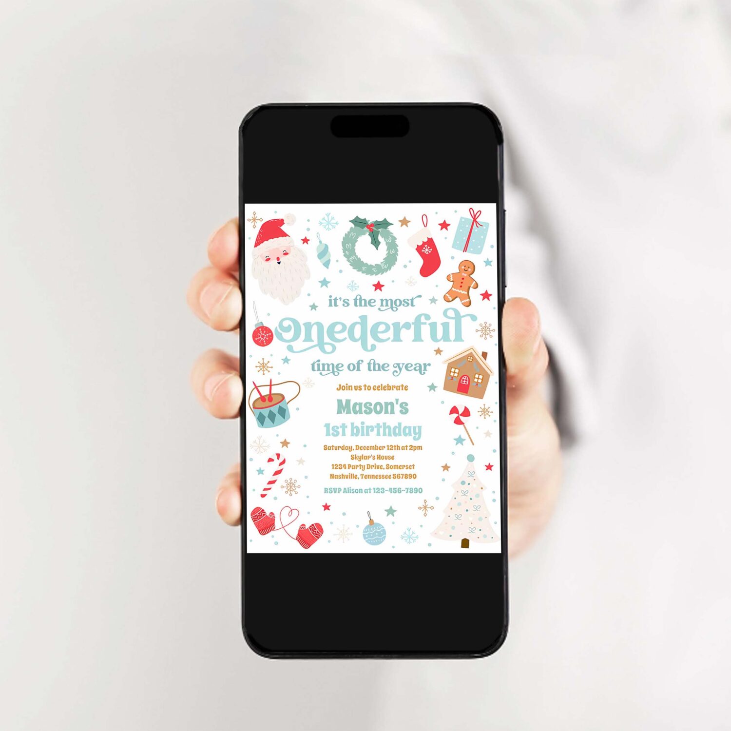 Most onederful time christmas 1st birthday party invitation a53e 2