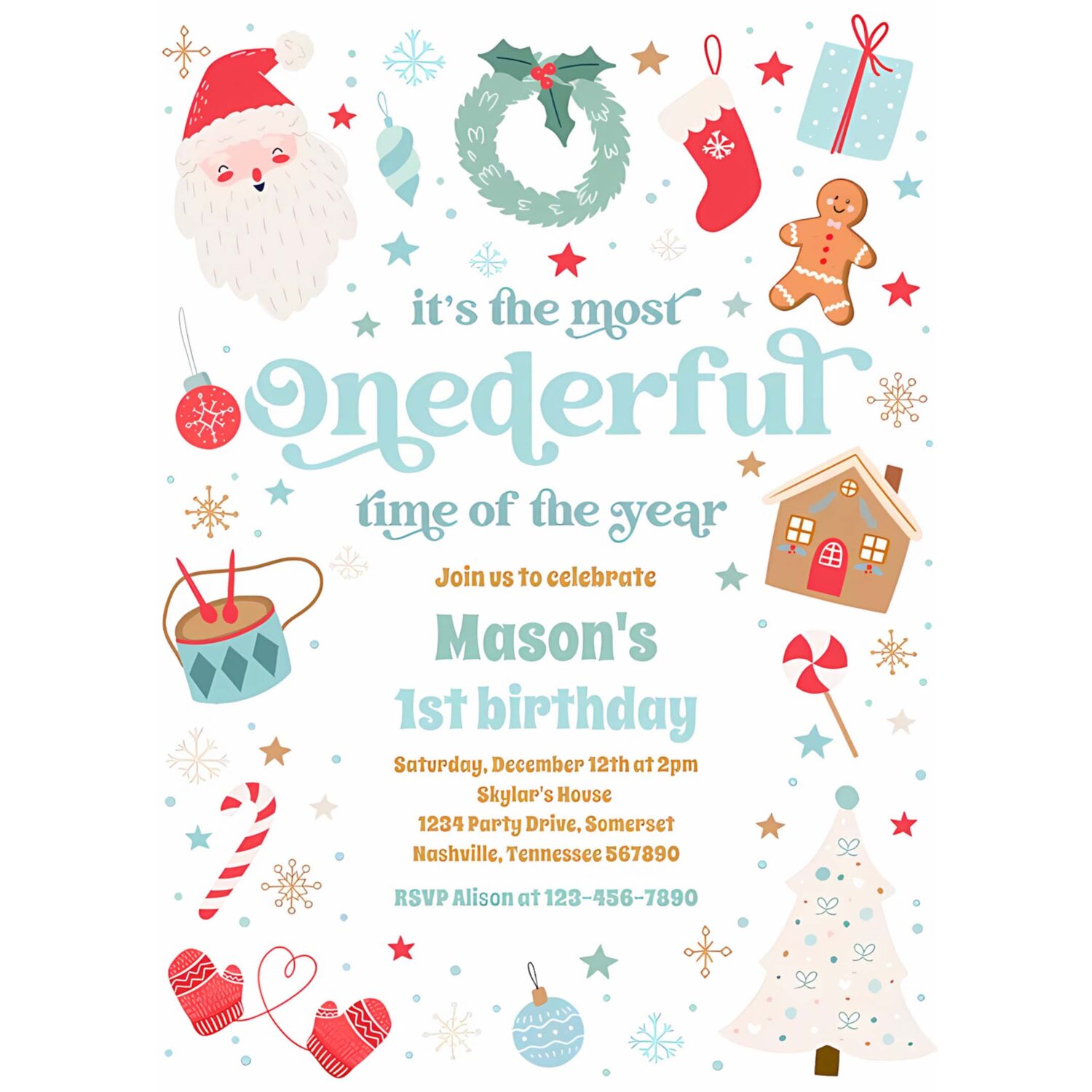Most onederful time christmas 1st birthday party invitation a53e 4