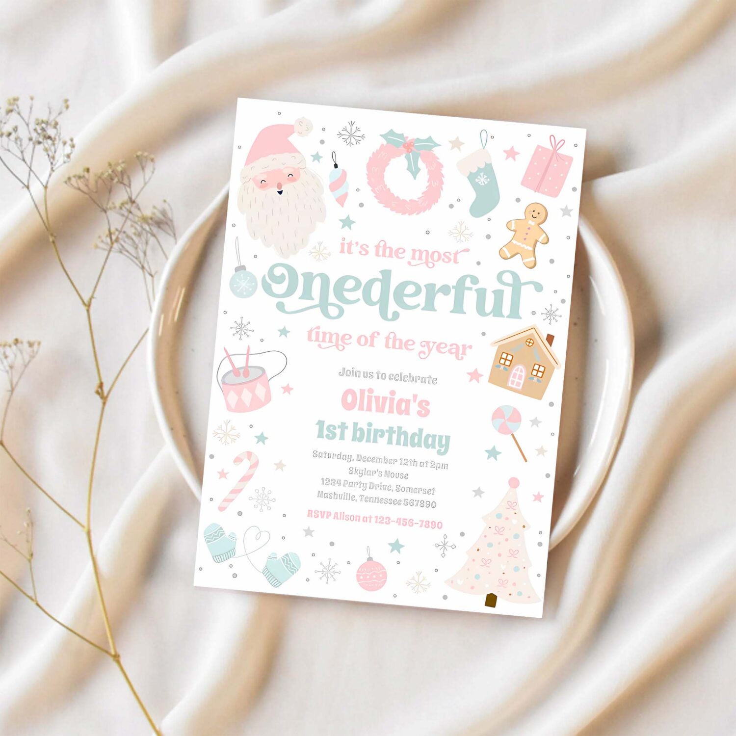 Most onederful time christmas 1st birthday party invitation d97j 1