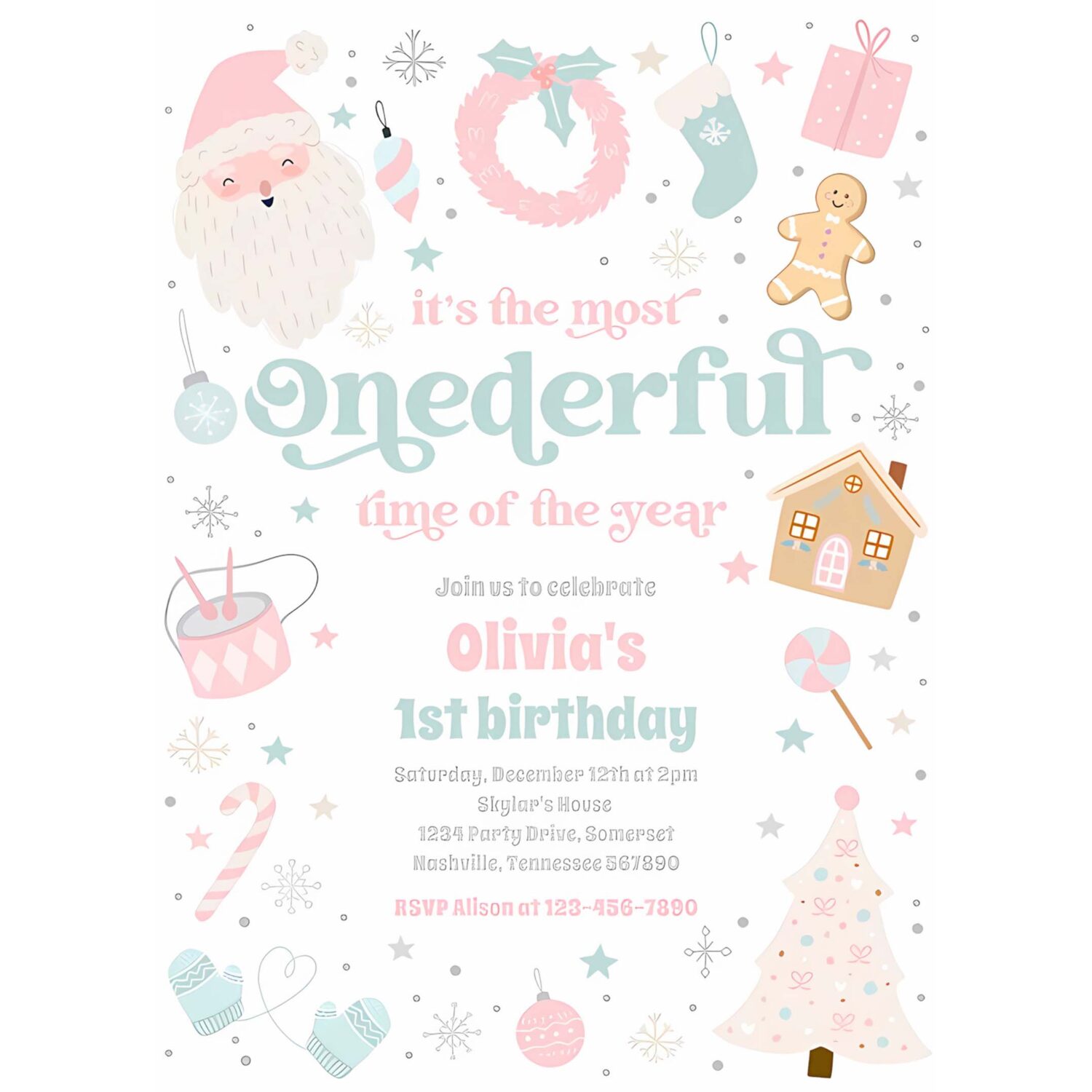 Most onederful time christmas 1st birthday party invitation d97j 4