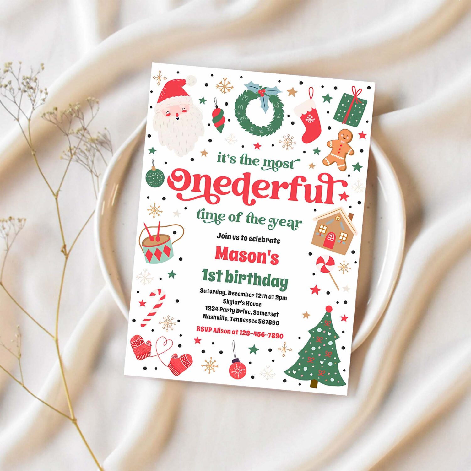 Most onederful time christmas 1st birthday party invitation x68e 1