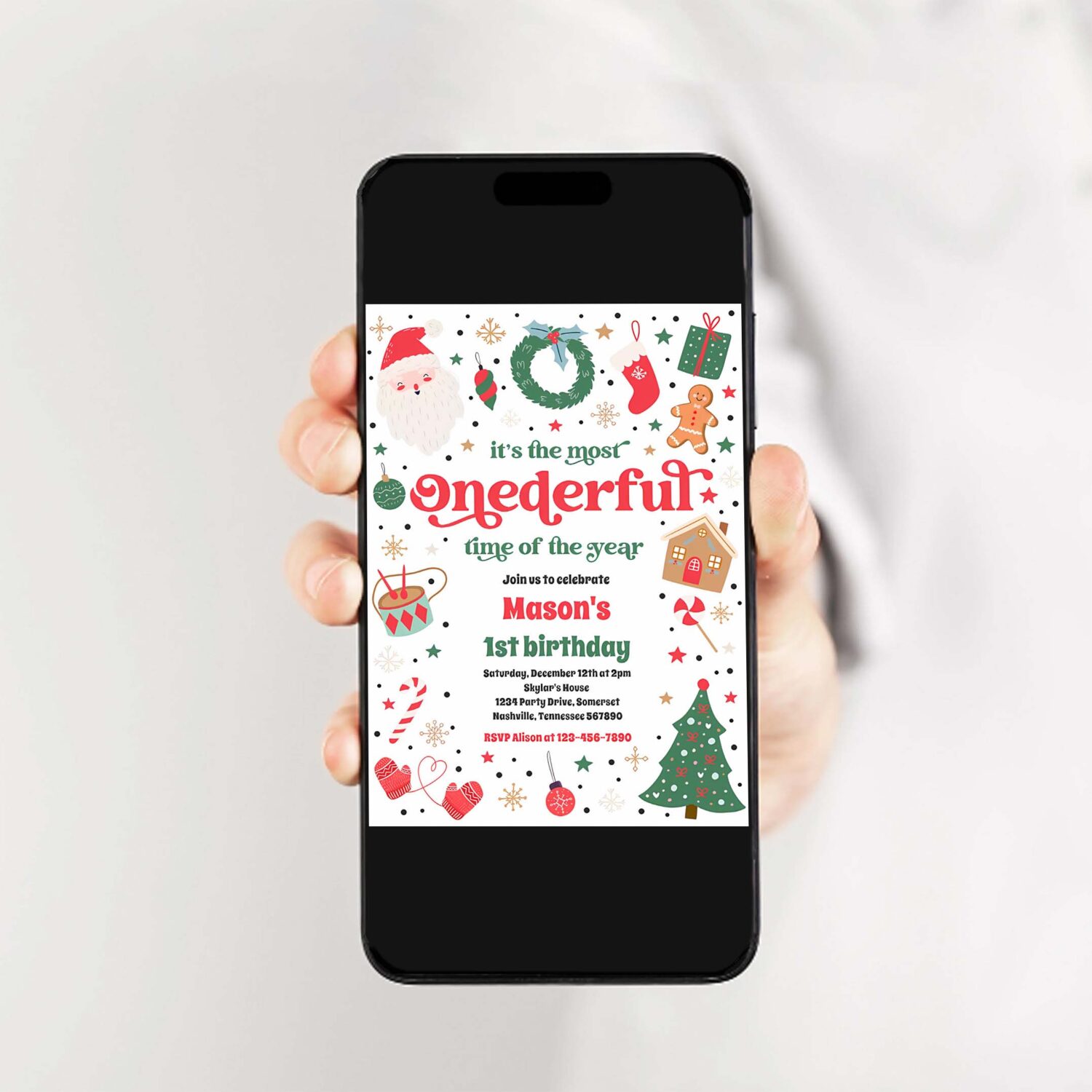 Most onederful time christmas 1st birthday party invitation x68e 2