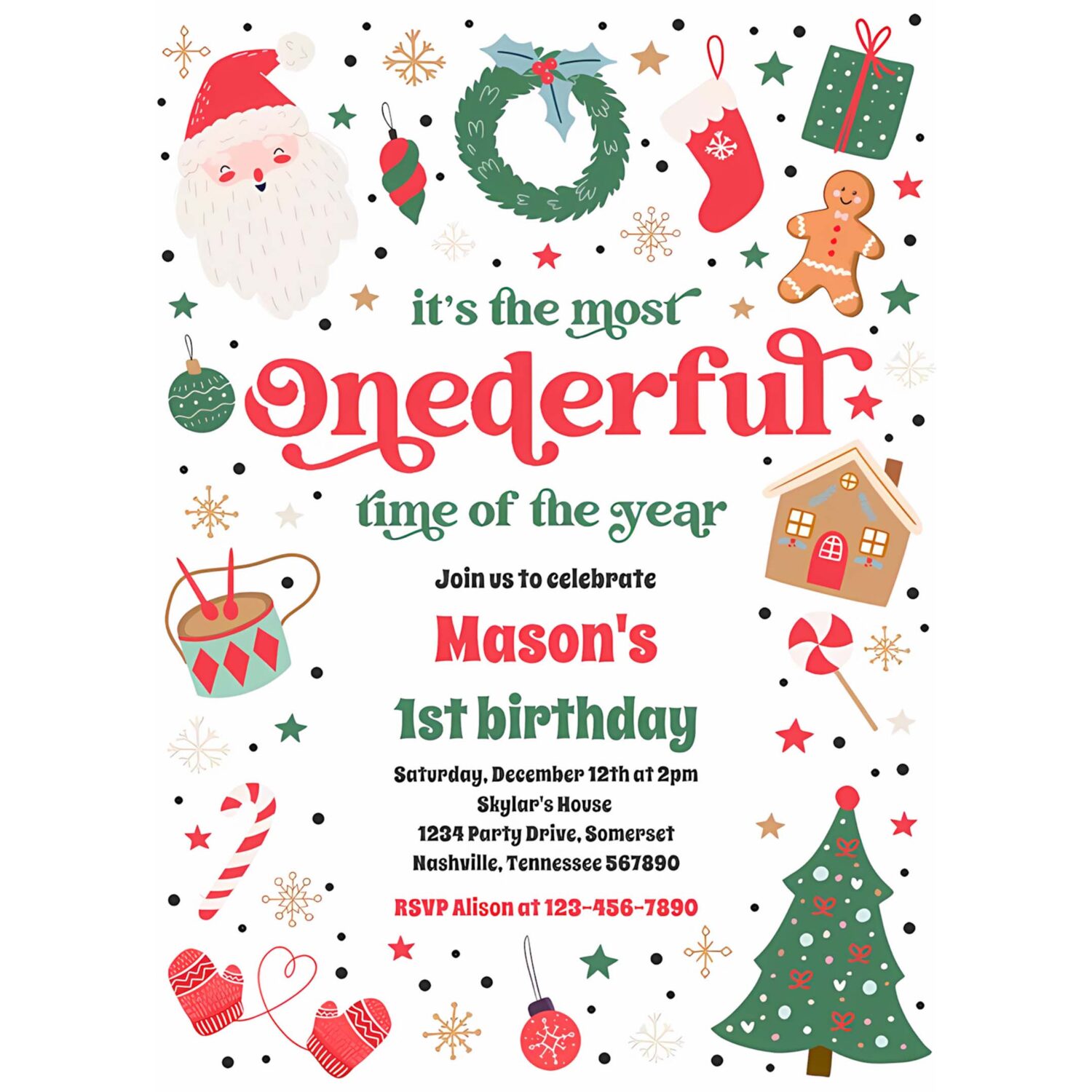 Most onederful time christmas 1st birthday party invitation x68e 4