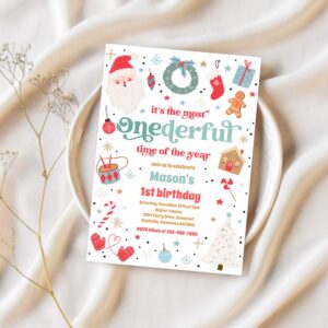 Most onederful time christmas 1st birthday party invitation y27b 1