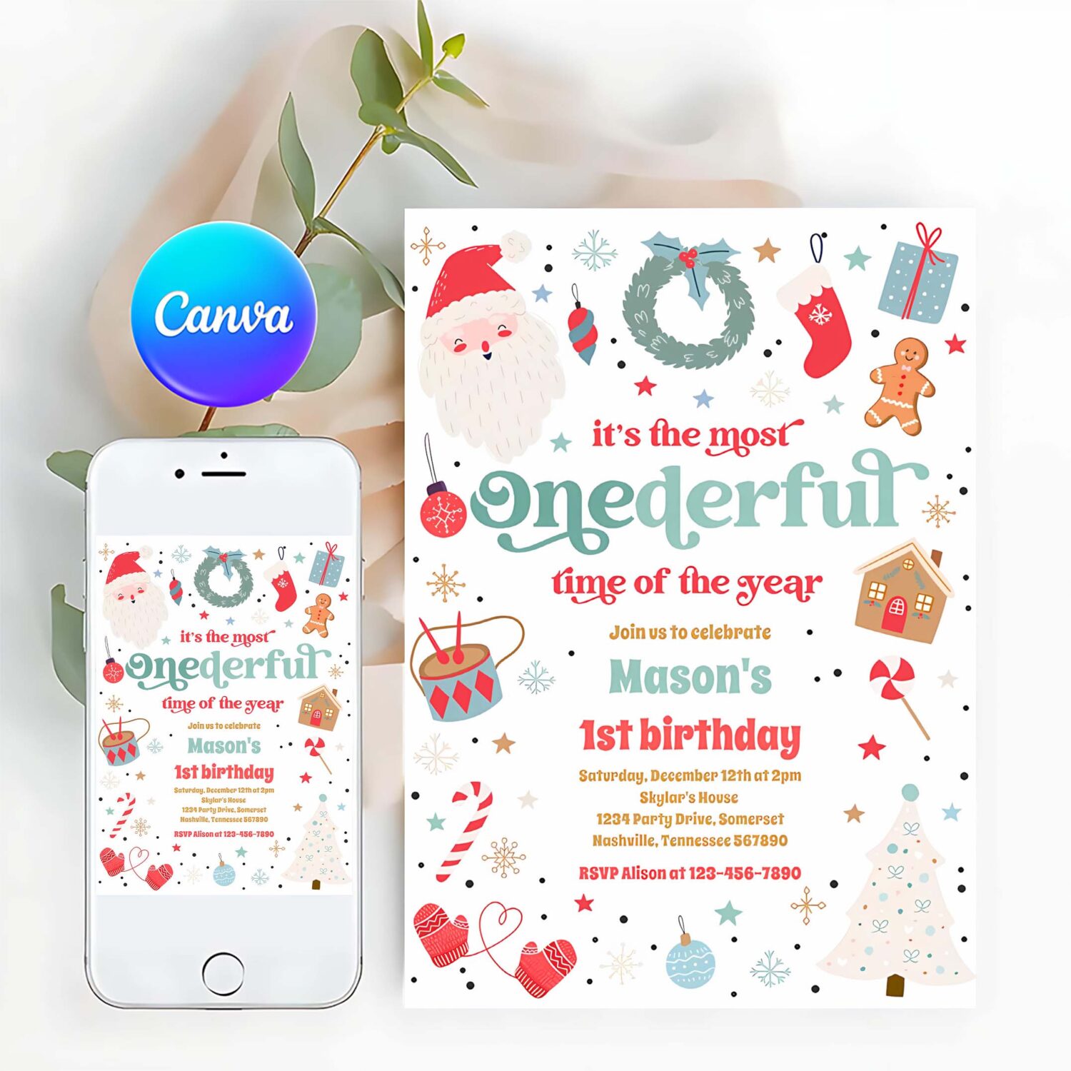 Most onederful time christmas 1st birthday party invitation y27b