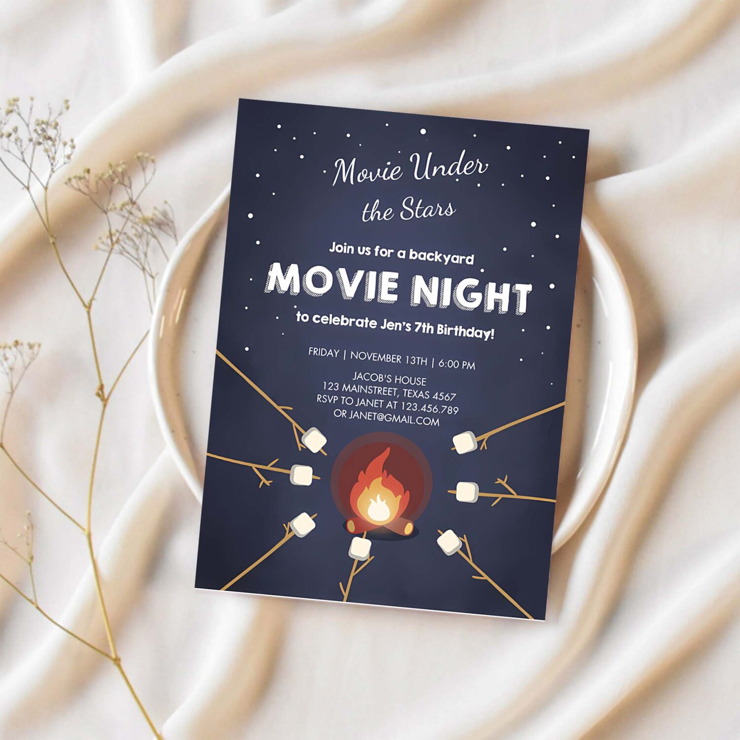 Movie night birthday invitation under the stars bonfire campfire backyard movie party 1