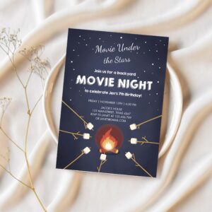 Movie night birthday invitation under the stars bonfire campfire backyard movie party 1