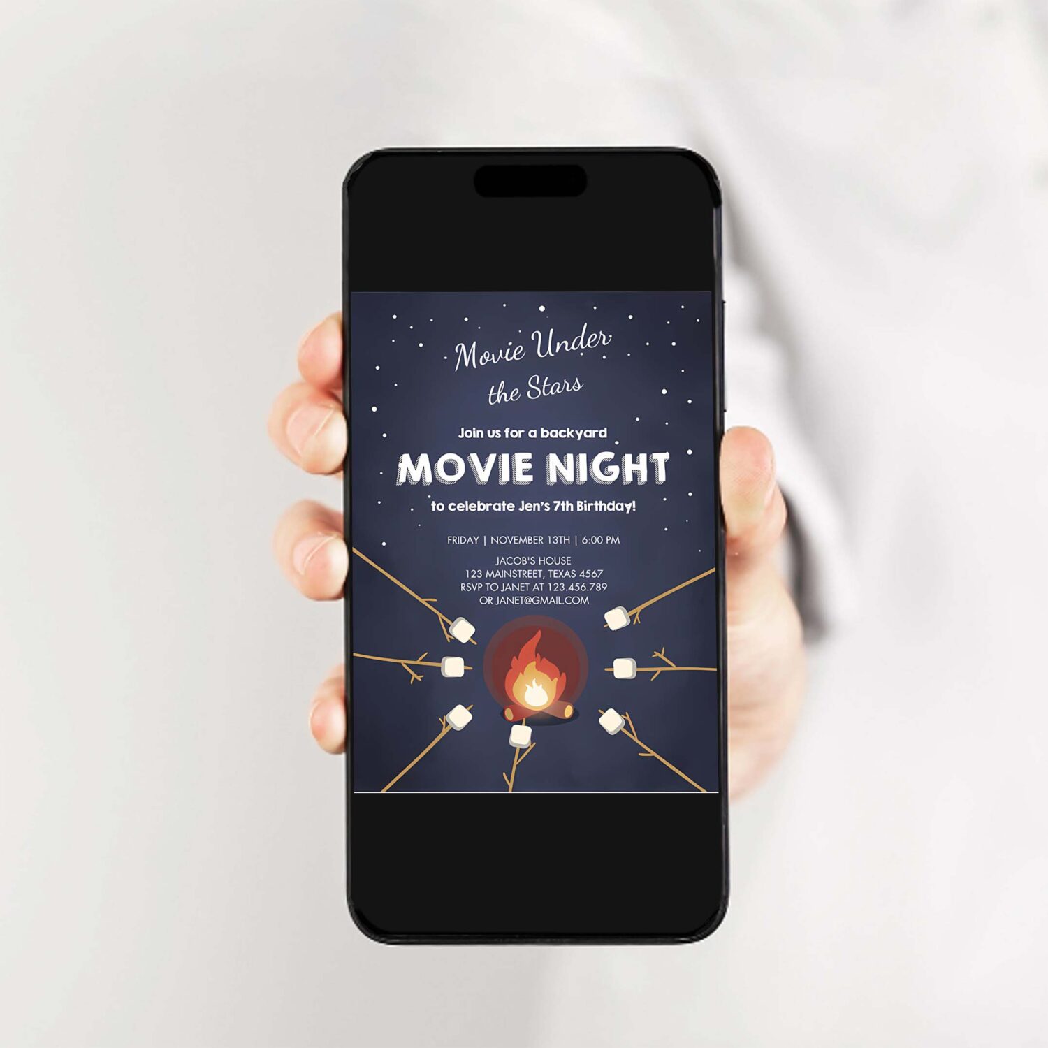 Movie night birthday invitation under the stars bonfire campfire backyard movie party 2