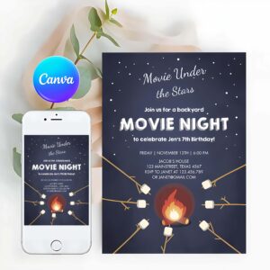 Bonfire Invitation, Movie Night Birthday Invitation, Under the Stars Bonfire Campfire Backyard Movie Party
