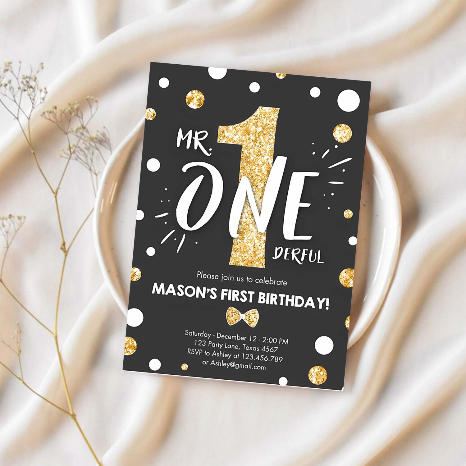 Mr onederful birthday invitation black gold glitter boy bow tie confetti first birthday 1
