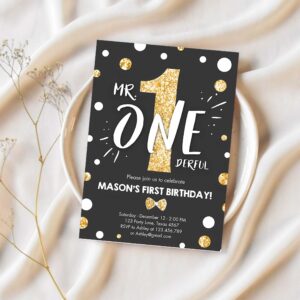 Mr onederful birthday invitation black gold glitter boy bow tie confetti first birthday 1