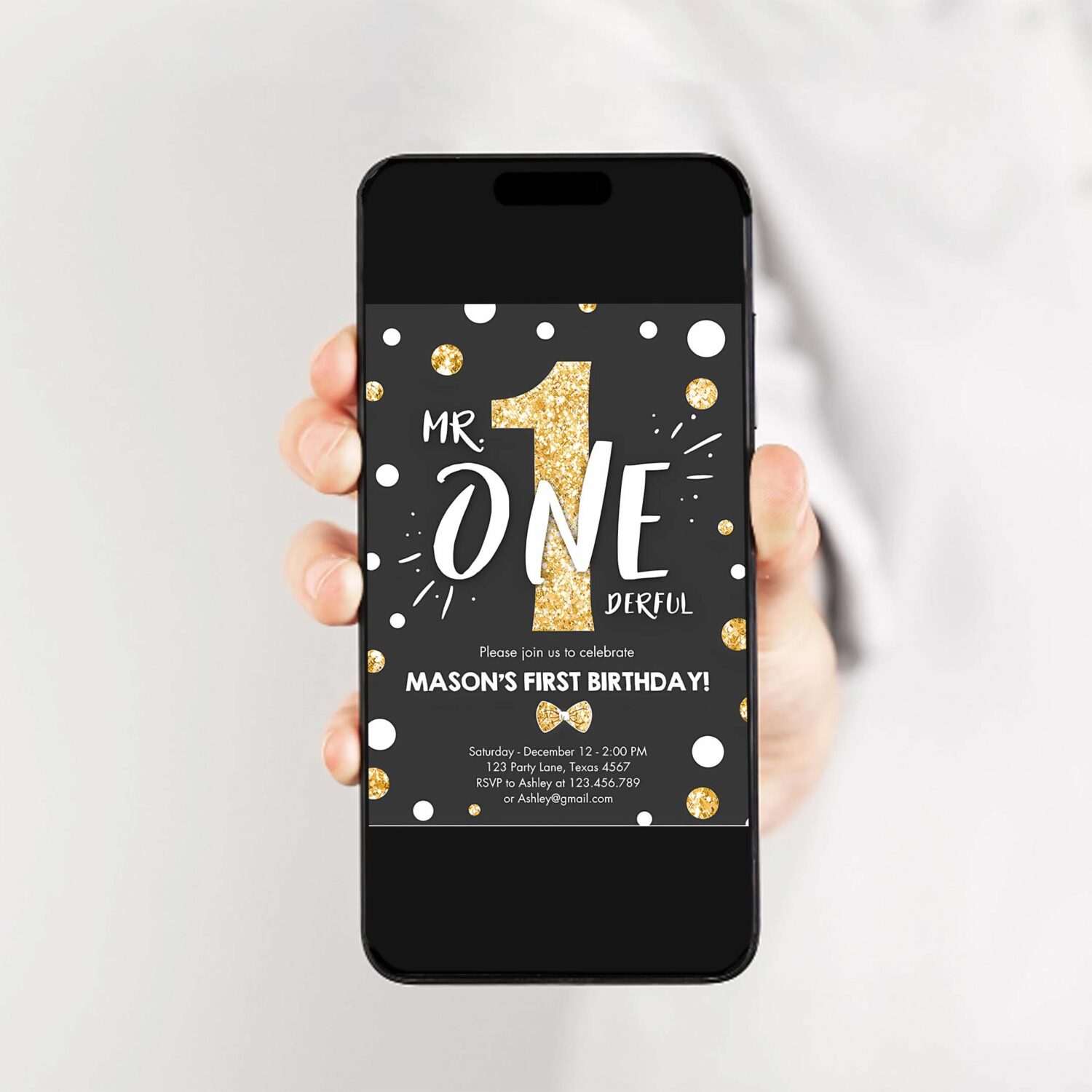 Mr onederful birthday invitation black gold glitter boy bow tie confetti first birthday 2