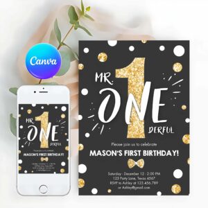 ONEderful Invitation, Mr Onederful Birthday Invitation, Black Gold Glitter Boy Bow Tie Confetti First Birthday