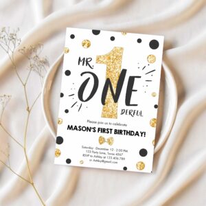 Mr onederful birthday invitation white and gold boy birthday bow tie 1st birthday 1