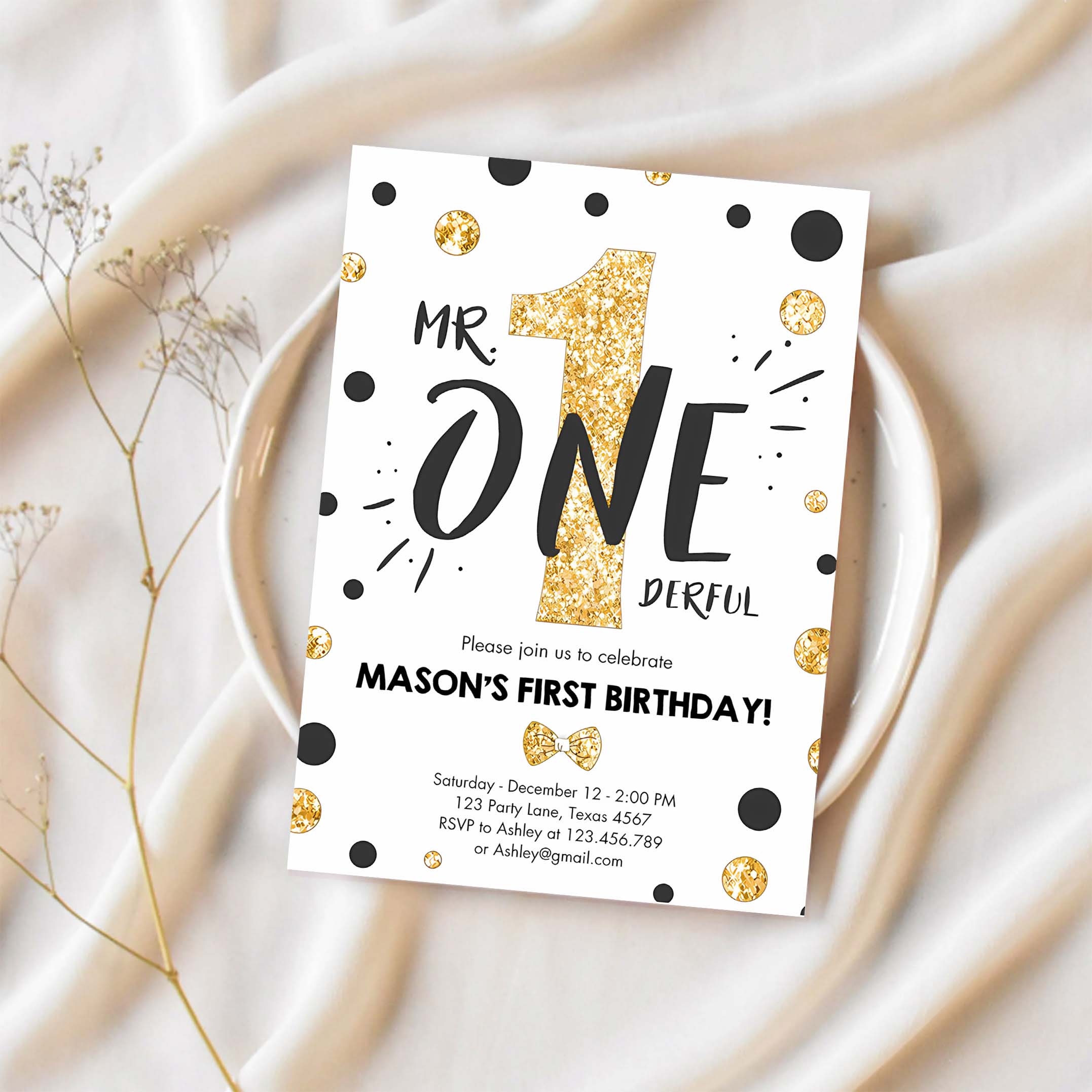 Mr Onederful Birthday Invitation White and Gold Boy Birthday Bow Tie 1st Birthday