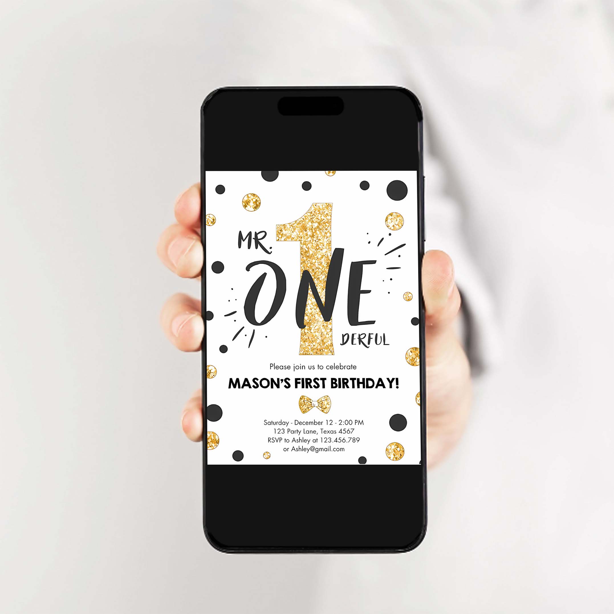 Mr Onederful Birthday Invitation White and Gold Boy Birthday Bow Tie 1st Birthday