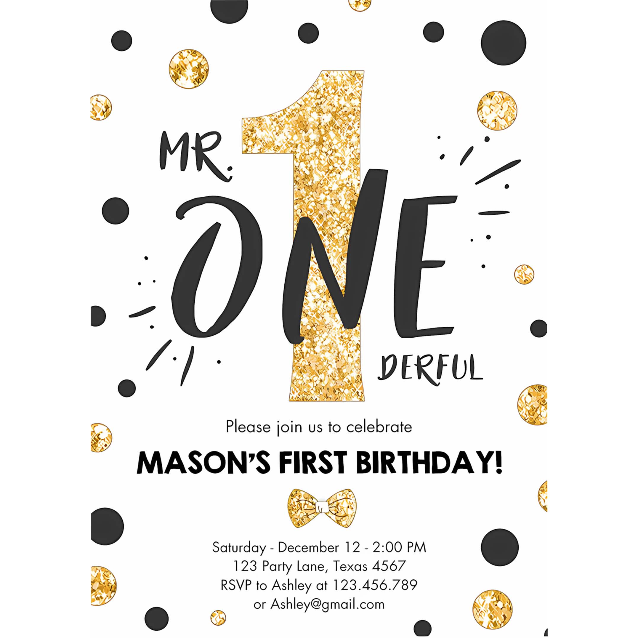 Mr Onederful Birthday Invitation White and Gold Boy Birthday Bow Tie 1st Birthday