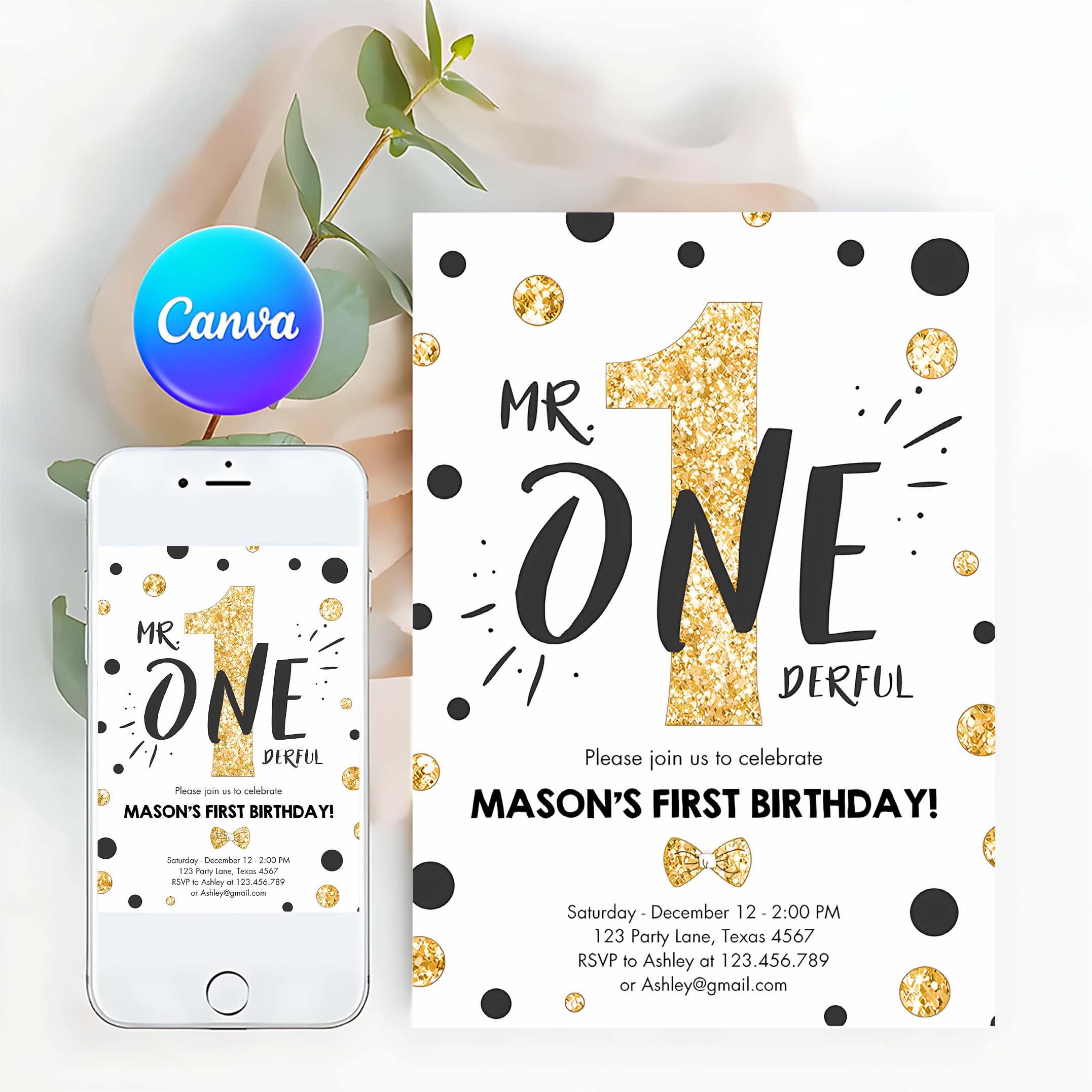 Mr Onederful Birthday Invitation White and Gold Boy Birthday Bow Tie 1st Birthday