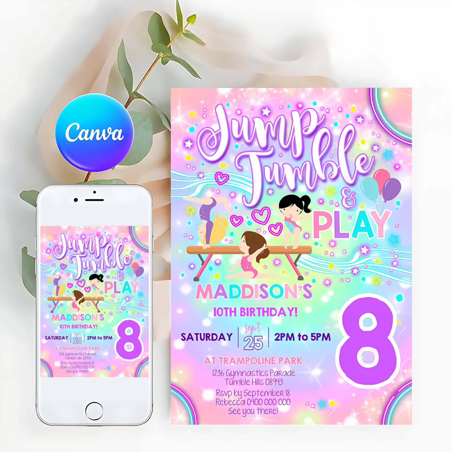 Neon gymnastics invitation gymnastics party invitation