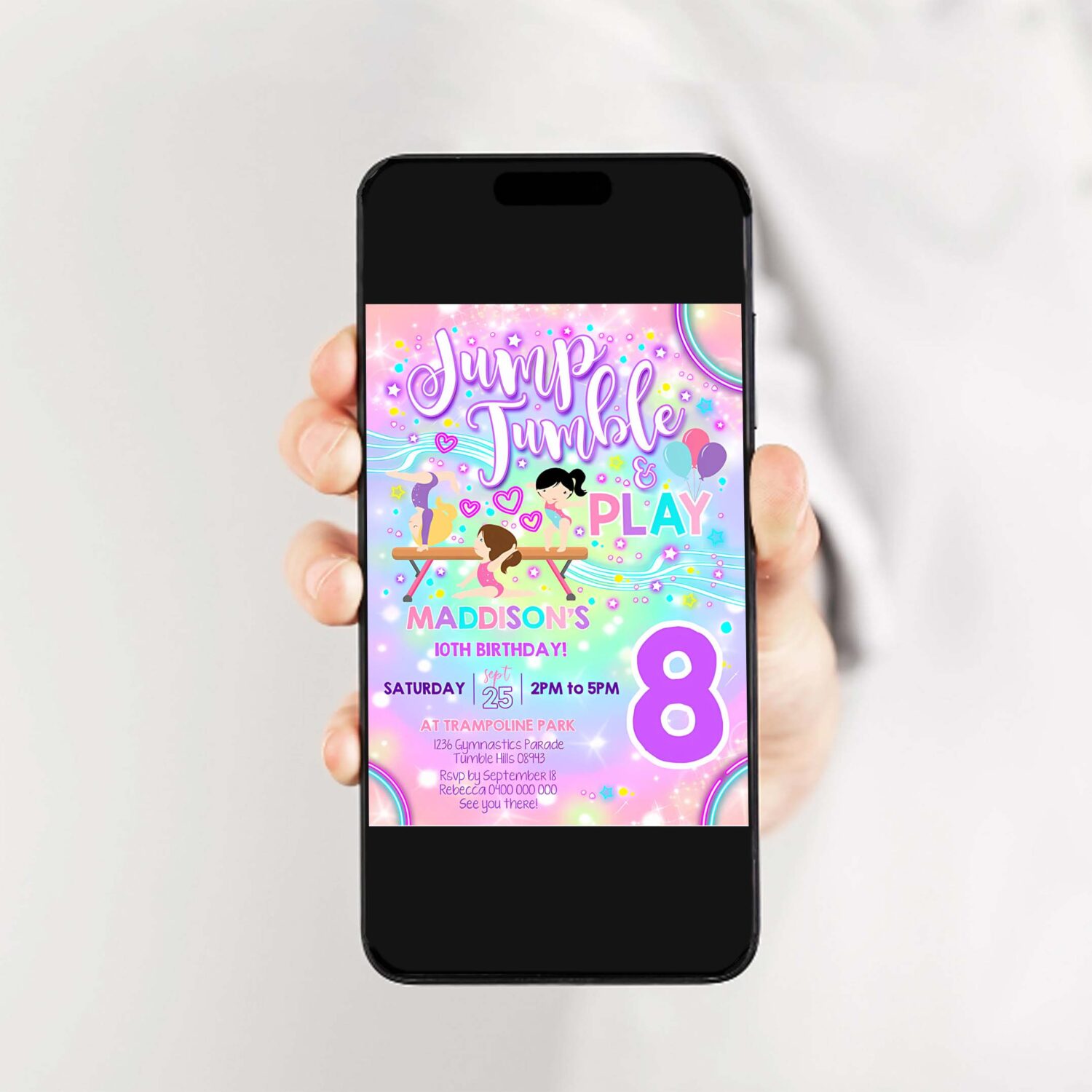 Neon gymnastics invitation gymnastics party invitation 2