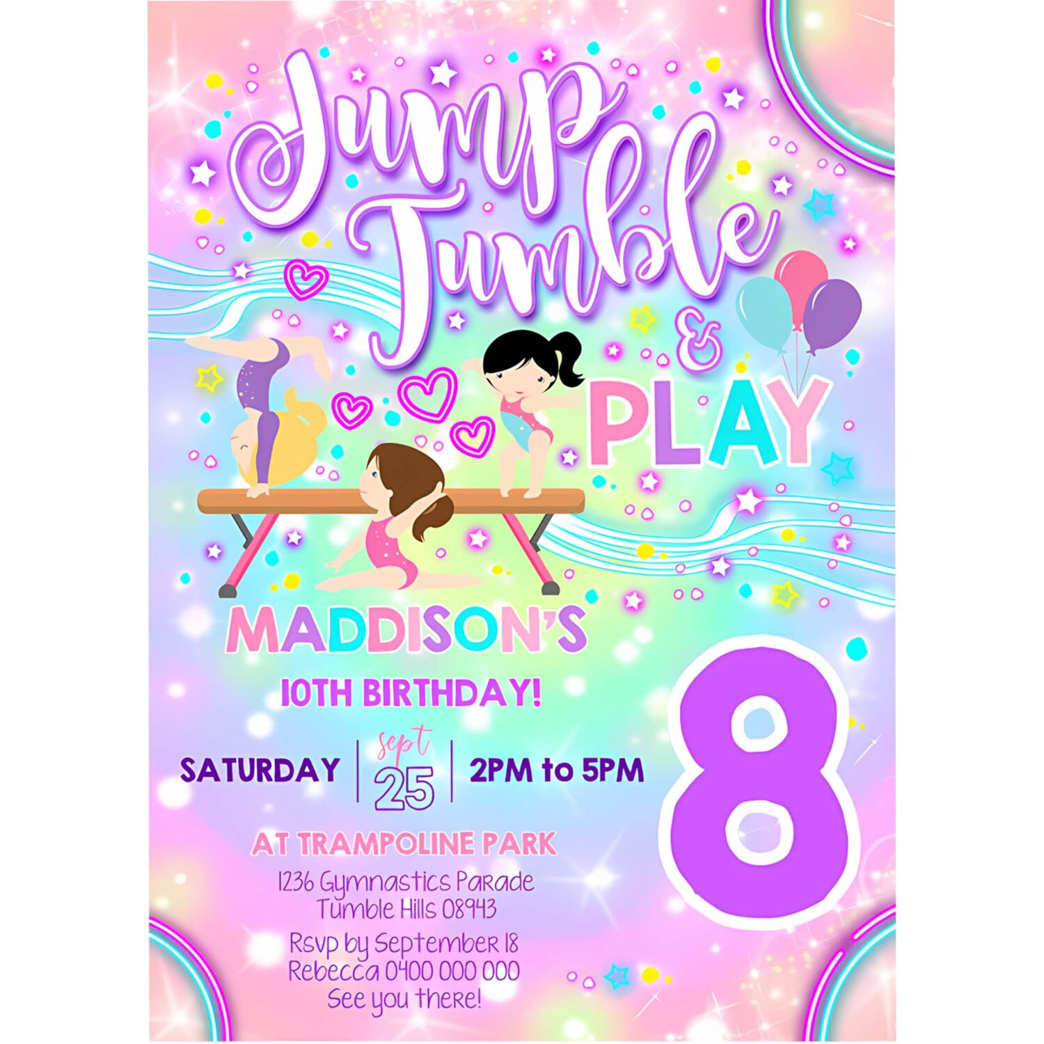 Neon gymnastics invitation gymnastics party invitation 4