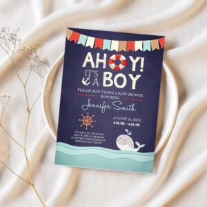 Nautical baby shower invitation ahoy its a boy invite its a boy whale ocean red navy blue 1
