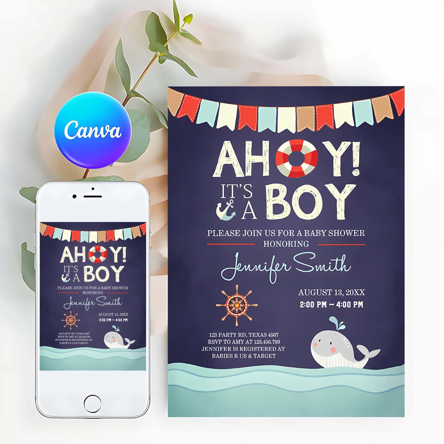 Nautical baby shower invitation ahoy its a boy invite its a boy whale ocean red navy blue