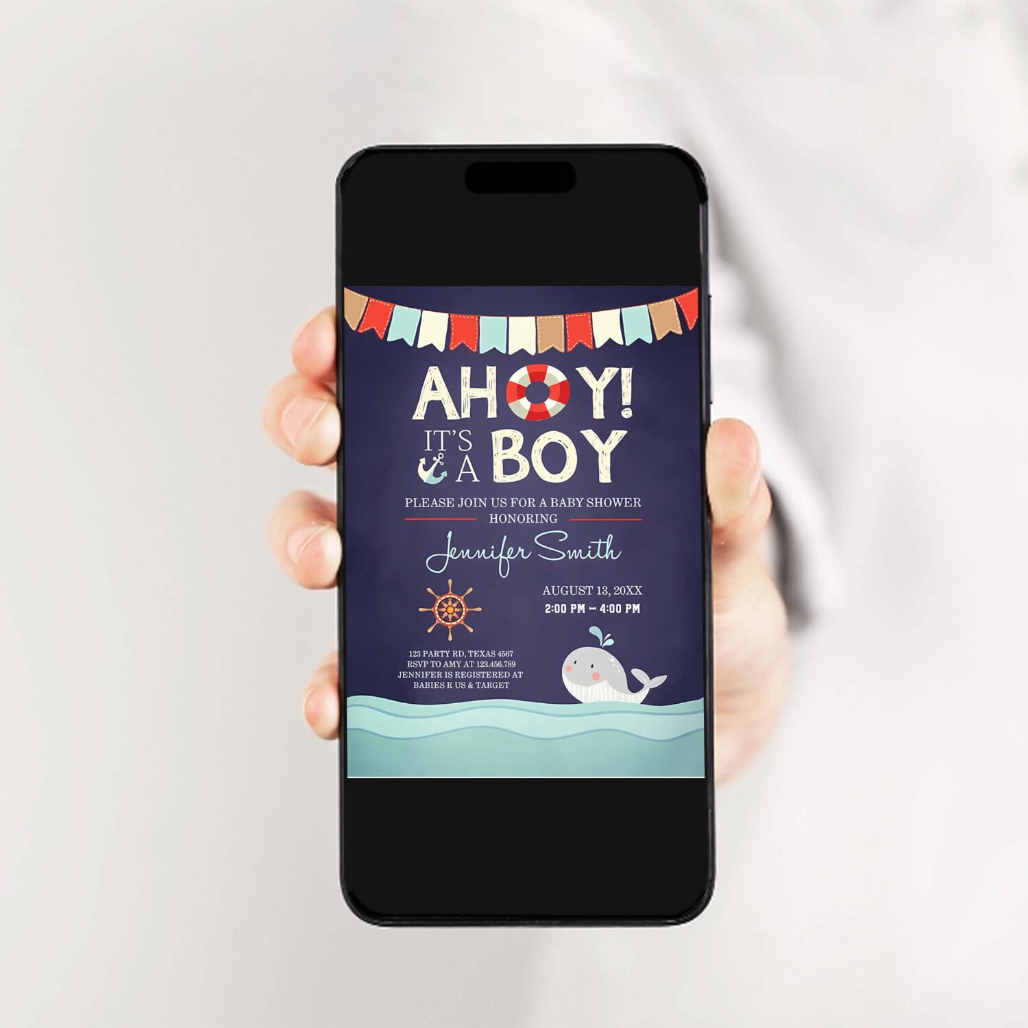Nautical baby shower invitation ahoy its a boy invite its a boy whale ocean red navy blue 2