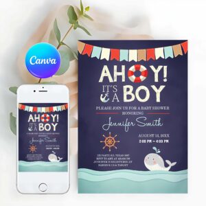 Baby Shower Invitation, Nautical Baby Shower Invitation, Ahoy Its A Boy invite It's A Boy Whale Ocean Red Navy Blue