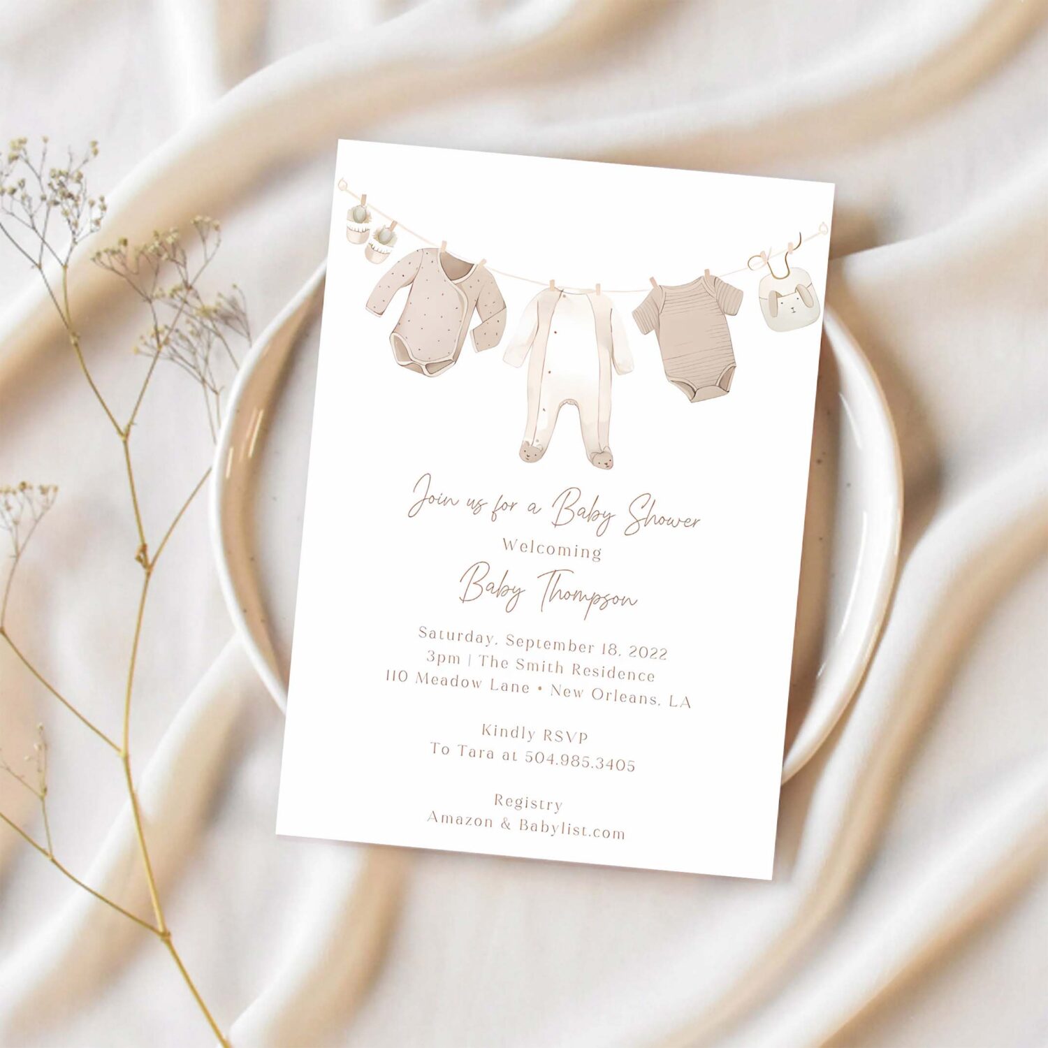 Neutral baby shower invitation clothesline baby shower invite 1