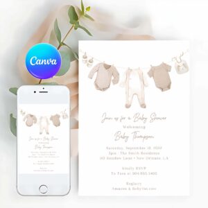 Baby Shower Invitation, Neutral Baby Shower Invitation, Clothesline Baby Shower Invite