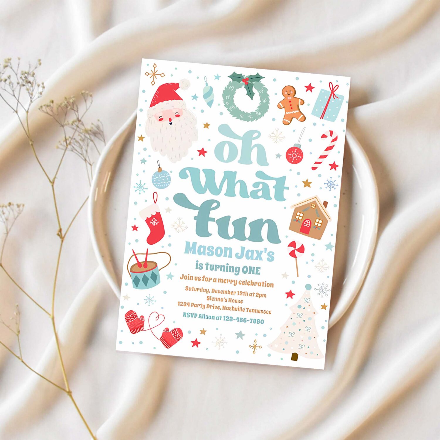 Oh what fun blue and red christmas birthday party invitation d81a 1