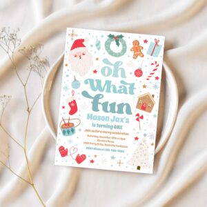 Oh what fun blue and red christmas birthday party invitation d81a 1