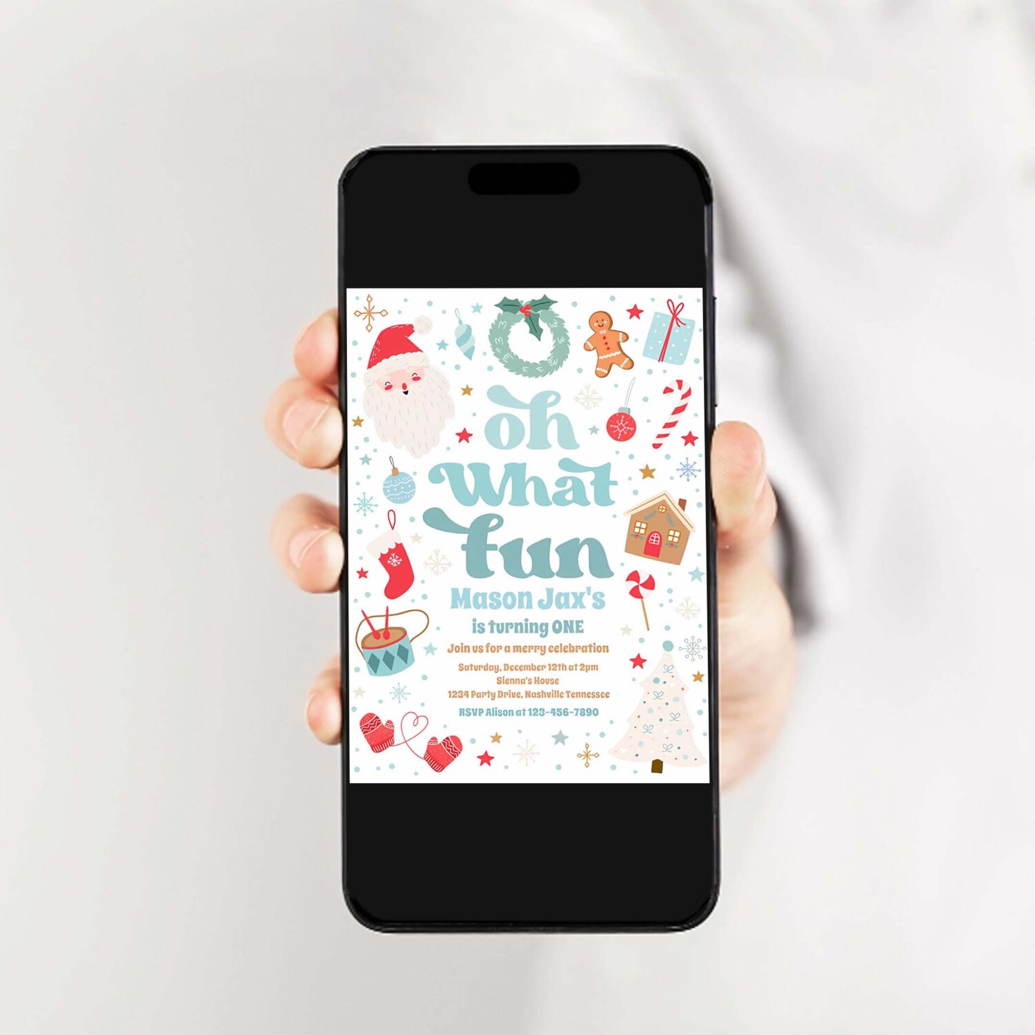 Oh what fun blue and red christmas birthday party invitation d81a 2