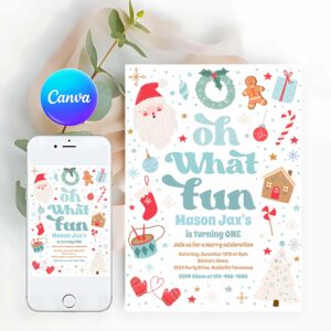 Oh What Fun Invitation, Oh What Fun Blue And Red Christmas Birthday Party Invitation