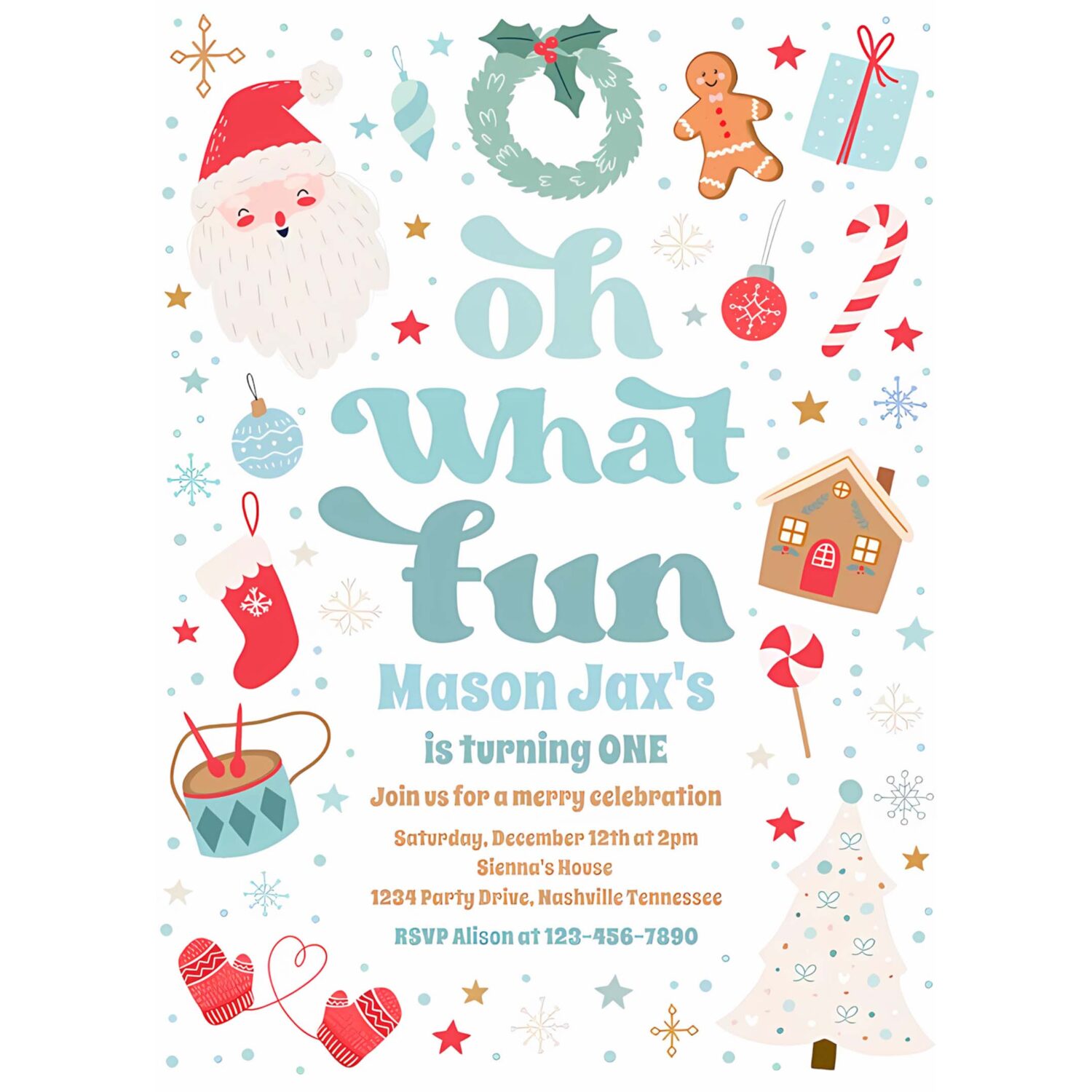 Oh what fun blue and red christmas birthday party invitation d81a 4